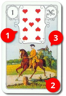 La version sans texte de la carte du Cavalier du petit jeu Lenormand, avec un cavalier se tenant droit sur son cheval et un texte figurant &agrave; c&ocirc;t&eacute;