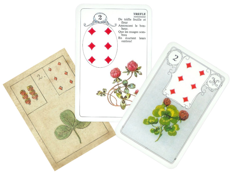3 cartes du jeu de lenormand pour représenter la carte du Trèfle, disposés comme un trèfle