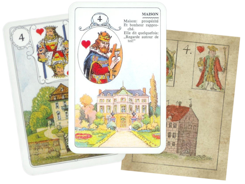 3 cartes de la Maison de différents petits jeux de Lenormand sont étalées