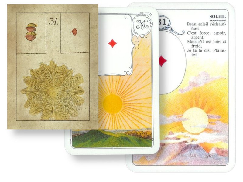 3 cartes du soleil puis&eacute;s dans 3 jeux diff&eacute;rents du Lenormand	