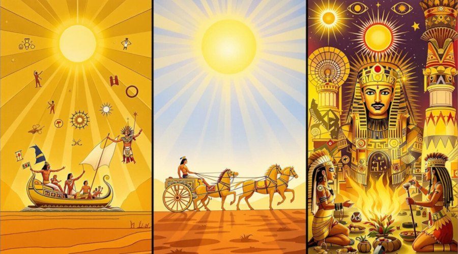 repr&eacute;sentation symbolique de Ra sur sa barque solaire, des Grecs sur un chariot dor&eacute; et des Azt&egrave;ques v&eacute;n&eacute;rant le dieu du Soleil