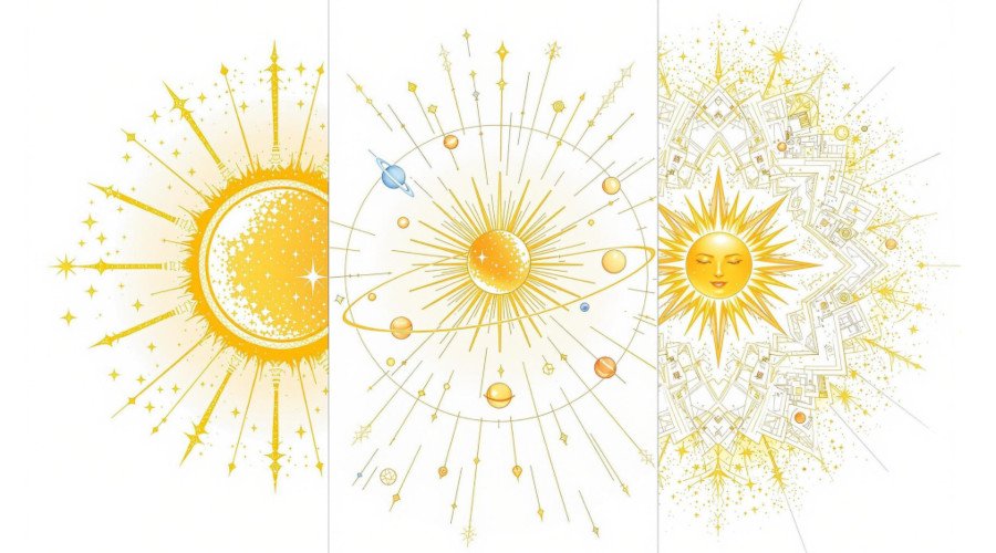 3 repr&eacute;sentations &eacute;sot&eacute;rique astrologique et astronomique du soleil