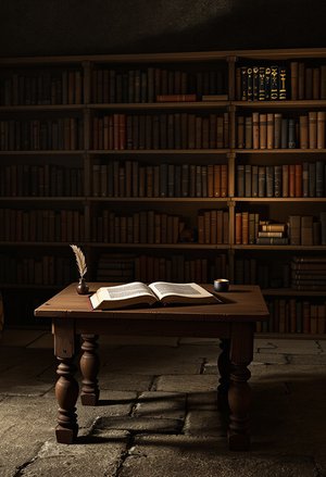 livre ouvert dans une bibliothèquand ancienne, posé sur une table en chêne