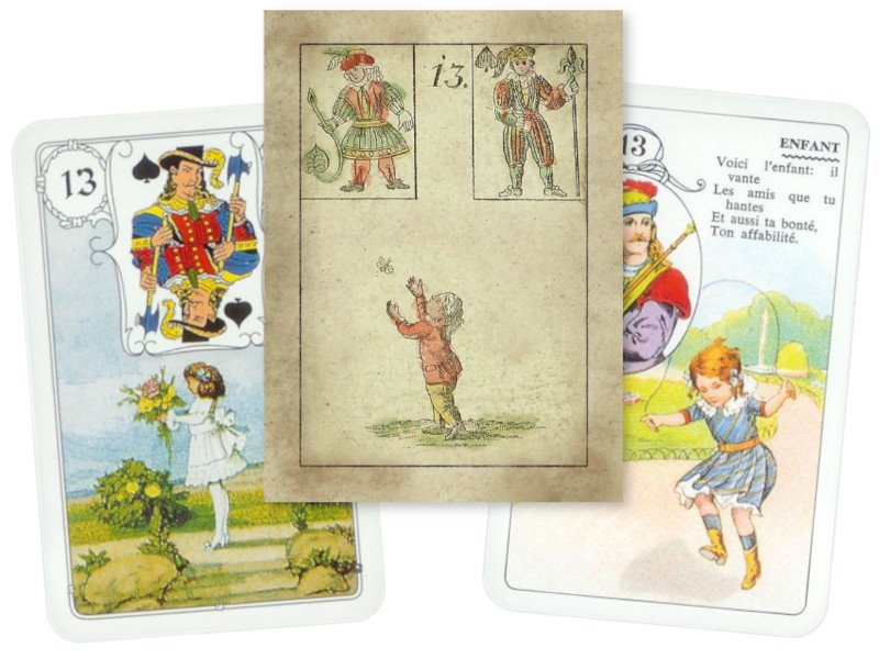 3 cartes exemples de l'enfant dans le petit jeu de Lenormand
