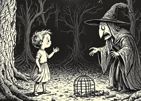 Un enfant s'oppose &agrave; une sorci&egrave;re dans une for&ecirc;t noire